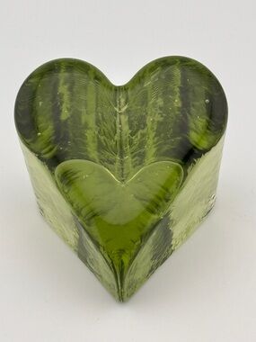 Vintage Fire & Light Green Recycled Glass Heart Paperweight